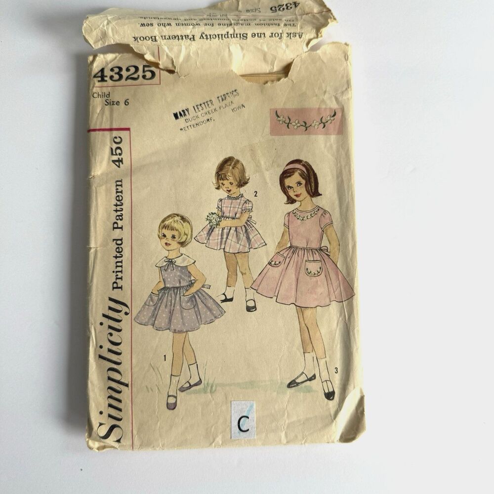 Vintage 1960s Simplicity 4325 Girl's Dress Sewing Pattern Gathered Skirt Size 6